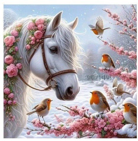 Diamentowa mozaika - Koń zimš z rudzikami