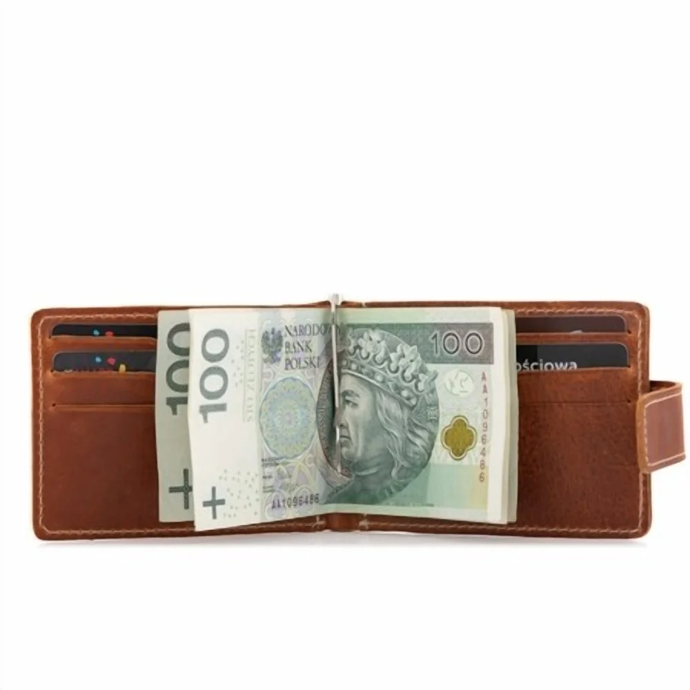 Portfel Męski z Klipsem na Banknoty I Karty Skóra Jucht Koniak BW48
