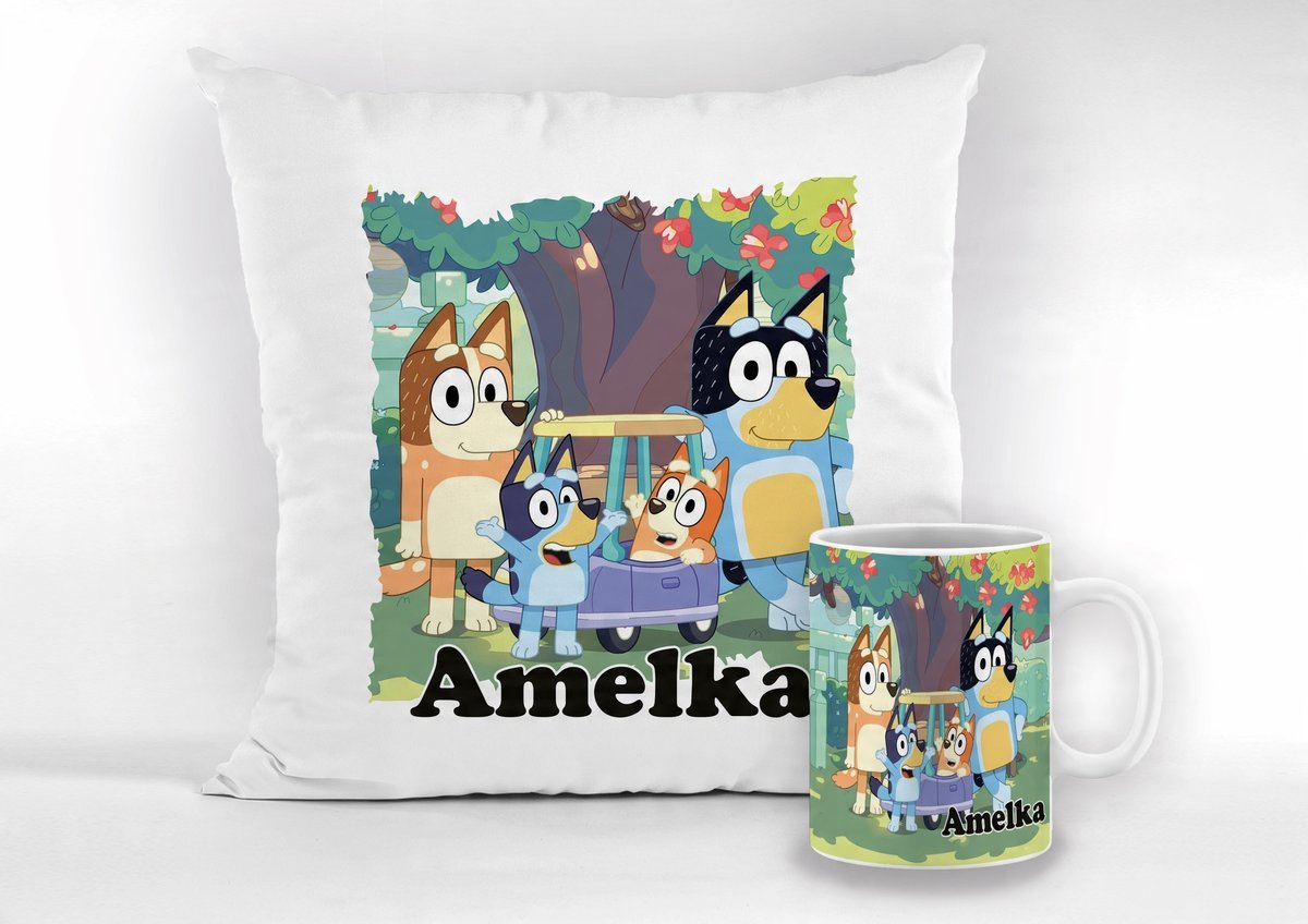 ZESTAW PODUSZKA + KUBEK Z Nadrukiem Prezent Bluey Blu Piesek Bluu Pies #1