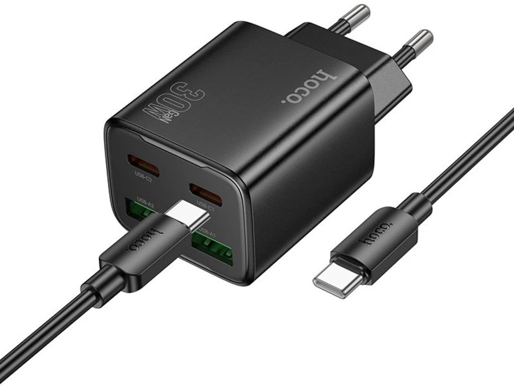Ładowarka sieciowa do telefonu Hoco 2 x USB C + 2 x USB A QC3.0 PD 3A 30W + kabel USB C do USB C N56 czarna