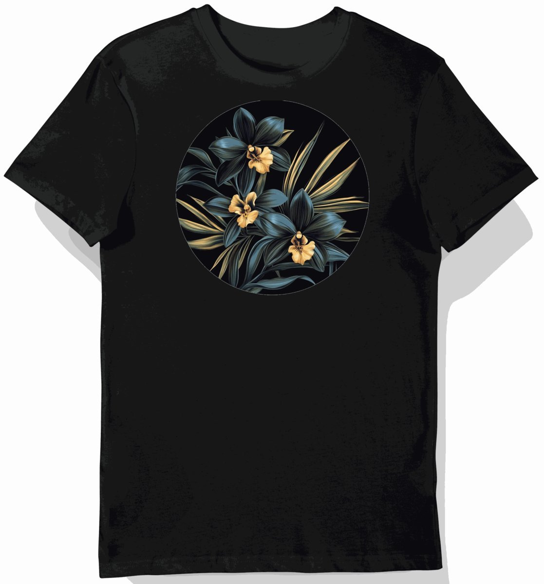 Koszulka męska czarna z motywem tropikalnego kwiatu orchidei XL