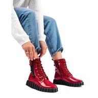 Botki damskie - W. Potocki Czerwone wysokie workery na platformie Potocki - miniaturka - grafika 1