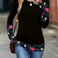 Bluzki damskie - TEMU Elegancka koszulka damska z długim rękawem - czarna z kolorowym nadrukiem, regularny krój, wykonana z elastycznej tkaniny, prać tylko ręcznie, - miniaturka - grafika 1