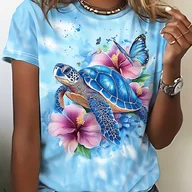 Bluzki damskie - TEMU Damska Koszulka z Nadrukiem Żółwia Morskiego i Hibiskusa w Kolorze Turkusowym – Inspirowana Tie-Dye, Krótki Rękaw, Okrągły Dekolt, Miękka i - miniaturka - grafika 1