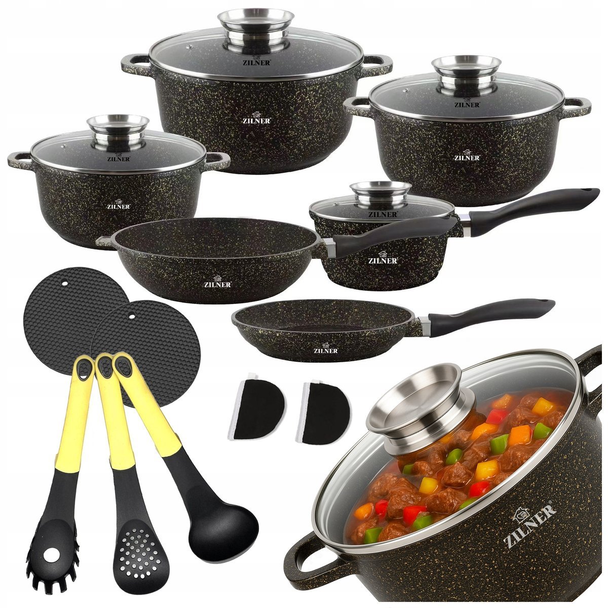 ZESTAW GARNKÓW MARMURKOWYCH INDUKCJA GAZ KOMPLET GARNKI PATELNIA RONDE