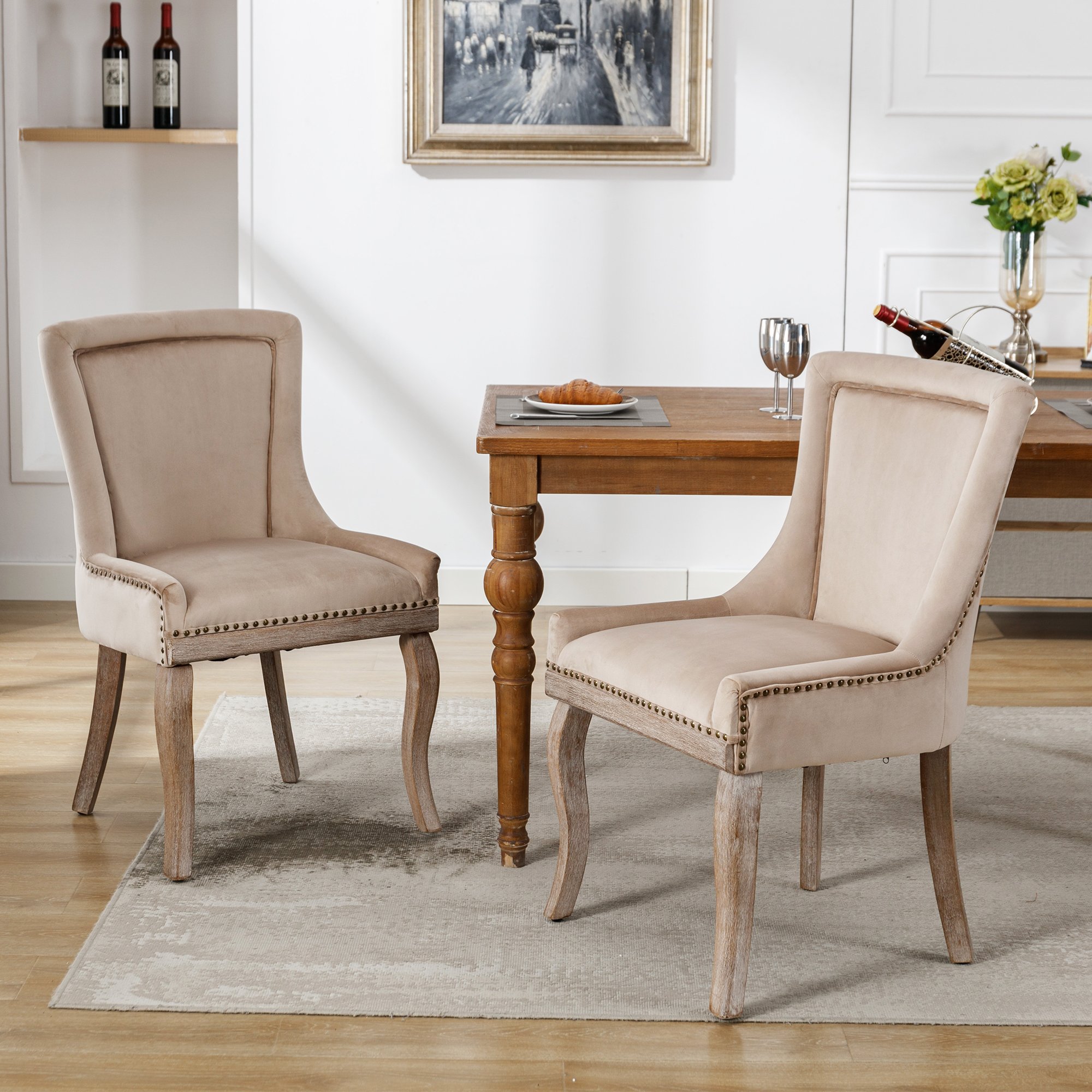 Zestaw 2 krzeseł do jadalni Flieks, krzesła kuchenne tapicerowane z nogami z litego drewna, krzesło do jadalni z aksamitnym obiciem, beżowe