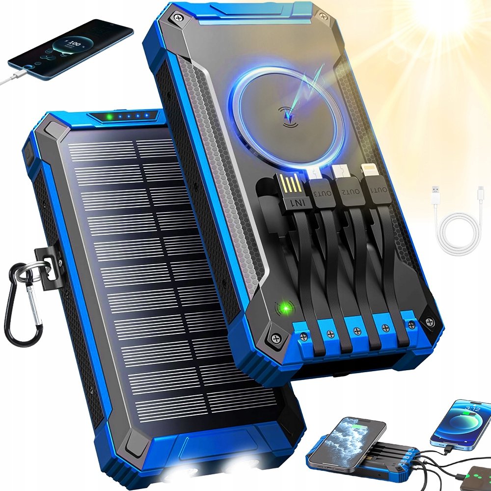 Powerbank 10000MAH Z 4 Kablami I 2 Latarkami Led Z Ładowaniem Bezprzewodowy