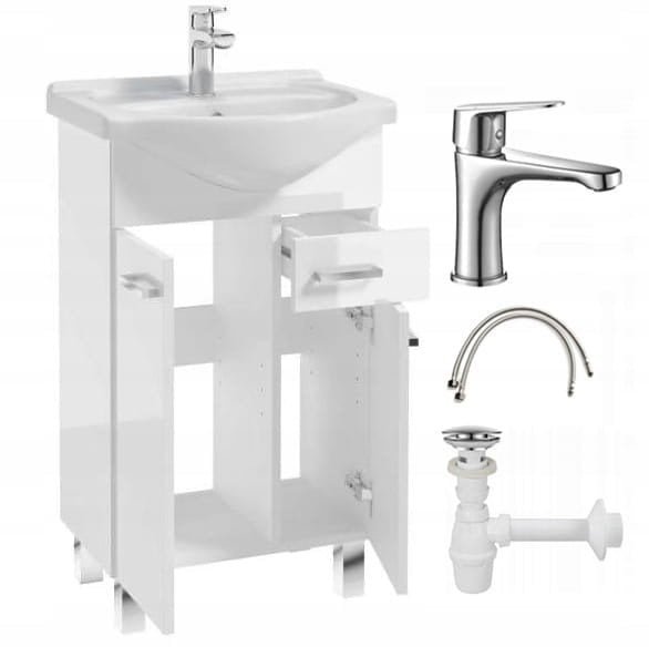 Szafka łazienkowa z umywalką na nóżkach 85x50 stojąca biała z baterią