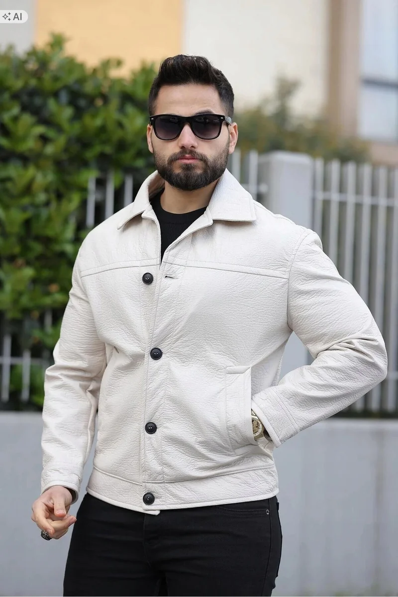 JASNOBEŻOWA GŁADKA KURTKA MĘSKA Z GUZIKAMI ELEGANCKA XL 5IA