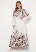 Komplety damskie - Beżowy Wiskozowy Komplet w Kwiatowy Wzór Koszula i Rozkloszowana Spódnica Belinoris - miniaturka - grafika 1
