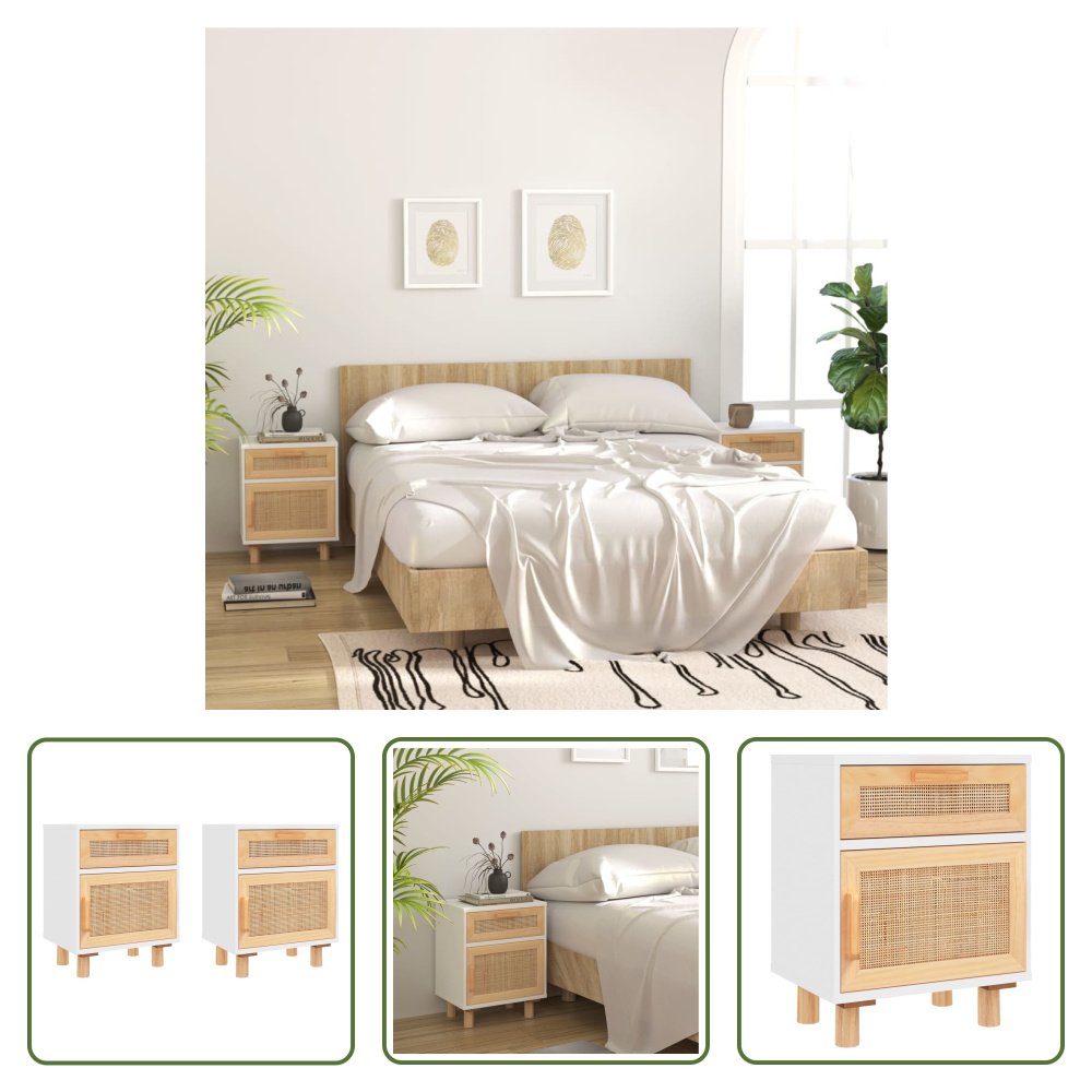 The Living Store Szafki nocne 2 szt. Biała lita sosna i naturalny rattan