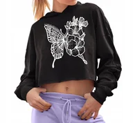 Zestawy upominkowe - CZARNA BLUZA Damska Cropped Z Kapturem BUTTERFLY AND FLOWERS Ciekawe Wz - L - miniaturka - grafika 1