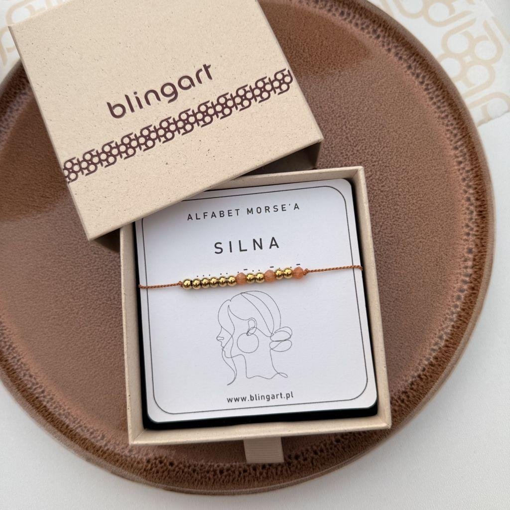 Bransoletka SILNA kodowana alfabetem morse'a kamienie naturalne stal chirurgiczna