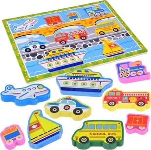Jokomisiada Drewniana układanka puzzle transport pojazdy 9ele dopasuj kształty ZA5257 - Układanki dla dzieci - miniaturka - grafika 1