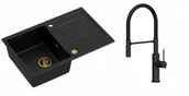 Zlewozmywaki z baterią - Quadron Zlewozmywak granitowy jednokomorowy 78*50*22 cm z ociekaczem MORGAN 111 PURE CARBON czarny ze złotym odpływem z baterią GEMMA Q LINE SLIM PURE CARBON z ruchomą wylewką kolor czarny/czarny wąż - miniaturka - grafika 1