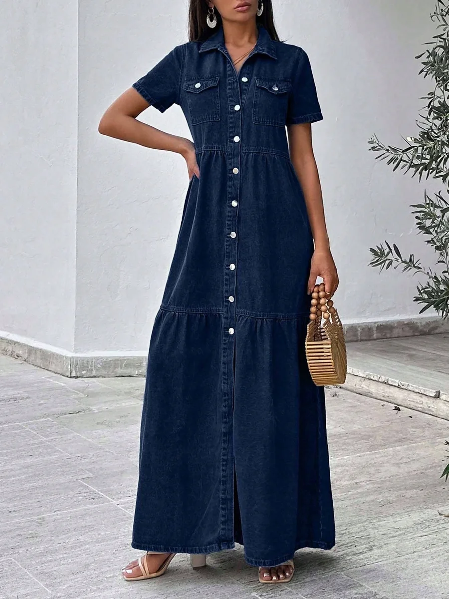 SHEIN JEANSOWA SUKIENKA MAXI Z GUZIKAMI I KRÓTKIM RĘKAWEM 34 1MA