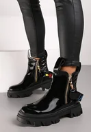 Botki damskie - Czarne Płaskie Botki Lakierowane w Stylu Workerów Ozdobione Suwakiem i Taśmą z Napisem Felonae - miniaturka - grafika 1