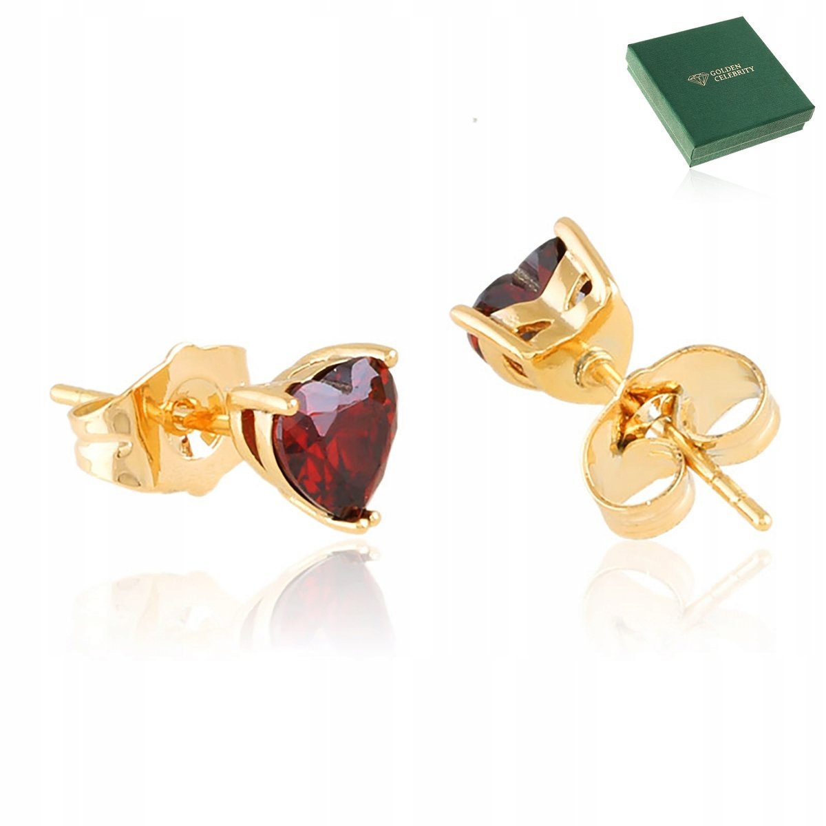 Złote Kolczyki Ze Stali Chirurgicznej 18K Serca Czerwone Kryształki Sztyfty