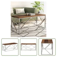 Ławy i stoliki kawowe - Srebrny stolik kawowy Living Store ze stali nierdzewnej i litego drewna - miniaturka - grafika 1