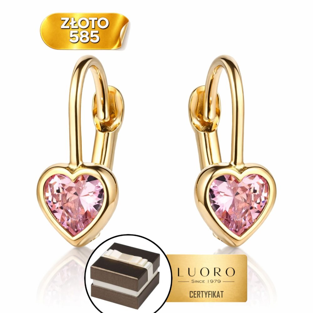 KOLCZYKI ZŁOTE 585 14K SERCE Z RÓŻOWYM KAMIENIEM BIGIEL 14 MM ELEGANCKIE