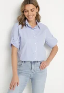 Koszule damskie - Jasnoniebieska Klasyczna Koszula z Bawełny w Paseczki z Rękawem 3/4 Liantarra - miniaturka - grafika 1