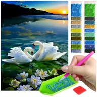 Zabawki kreatywne - Haft Diamentowy ARTULIO, Obraz DIY 5D, Diamond Painting, Mozaika diamentowa 30x40cm (Para łabędzi na tle zachodu słońca) + zestaw akcesoriów - miniaturka - grafika 1