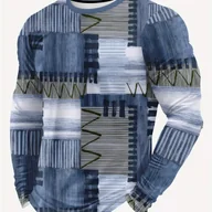 Koszulki męskie - TEMU Męska koszulka z długim rękawem w 3D - Niebieski , inspirowany geometryczny wzór ze pionowymi białym/szarym/beżowym na niebieskim tle. - miniaturka - grafika 1