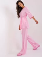 Komplety damskie - Komplet casualowy jasny różowy casual bluzka i spodnie rękaw 3/4 nogawka szeroka długość długa materiał prążkowany pasek - miniaturka - grafika 1