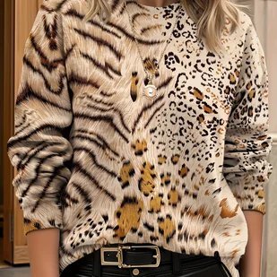 TEMU Damski Sweter w Lamparcie Wzory - Beżowy Brązowy Czarny Biały Wzór Zwierzęcy Lekki Długi Rękaw Kurtka w Stylu Blazera lub Sweter Płaszcz, Casual - Swetry damskie - miniaturka - grafika 1