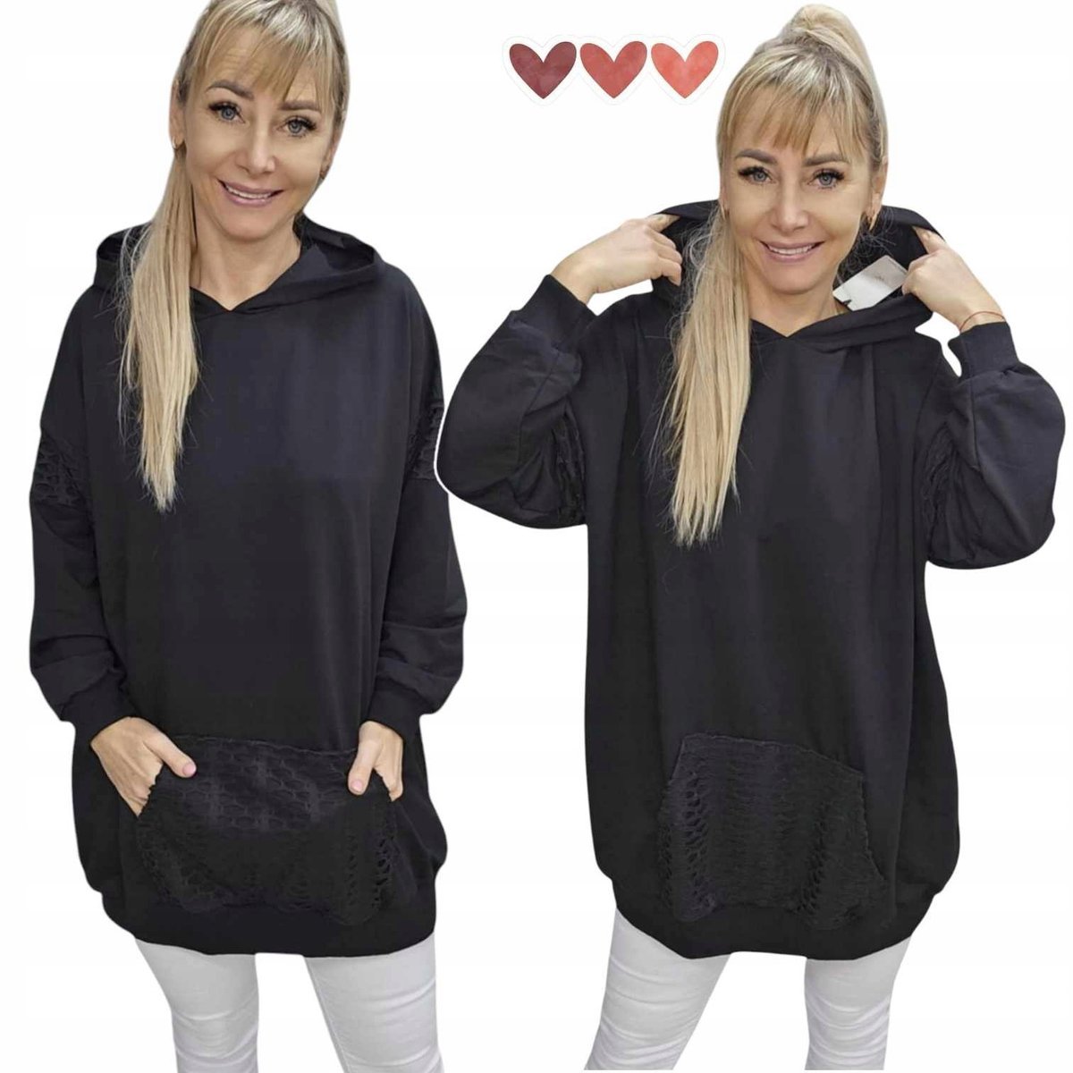 BLUZA DAMSKA KANGUREK DRESOWA kaptur na co dzień czarna 50 52 5XL 6XL 3167