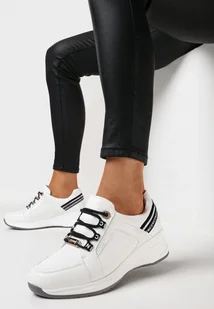 Białe Sneakersy na Niskim Koturnie z Ozdobnymi Napisami ze Skórzaną Wkładką Drilvia - Moda i Uroda OUTLET - miniaturka - grafika 1