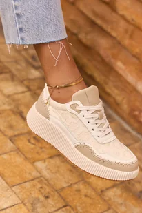 Beżowe sneakersy damskie na platformie haftowane buty sportowe sznurowane Casu M24X1-BE-NO - Półbuty damskie - miniaturka - grafika 1