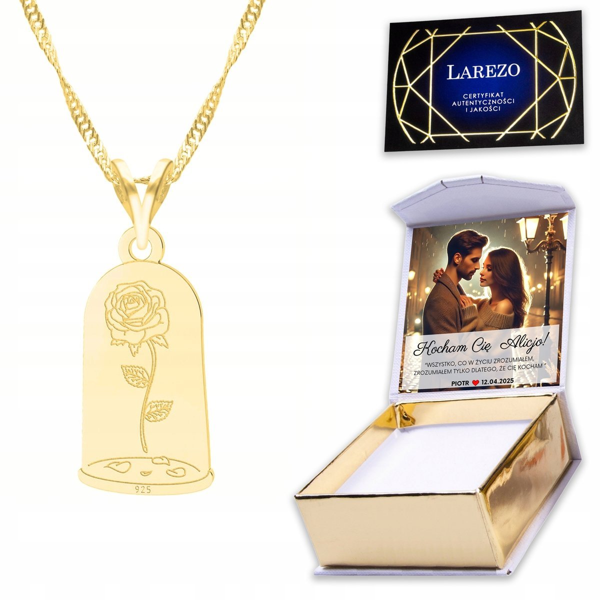 Złoty Naszyjnik 925 z Różą Kwiatem Rose Flower Kwiat Kwiatek + NADRUK