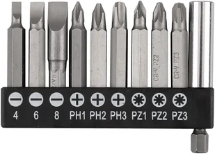 Zestaw bitów SL4/6/8, PH1/2/3, PZ1/2/3 x 50 mm, z uchwytem magnetycznym 60 mm, 10 szt. - Bity - miniaturka - grafika 1