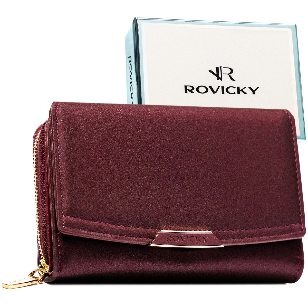 Portfel damski na zatrzask i suwak ROVICKY mały elegancki na prezent rozbudowany na karty RFID fioletowy