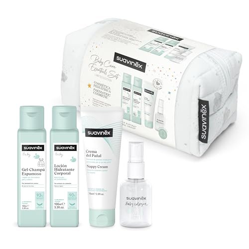 Suavinex, Kosmetyczka dla niemowląt, zestaw upominkowy dla noworodka z kosmetykami: żel szampon 100 ml + balsam nawilżający 100 ml + krem do pieluchy 75 ml + Baby Cologne 50 ml, format podróży,