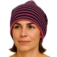 Czapki damskie - Czapka Damska Beanie Włoska Cienka Smerfetka Różowa W Granatowe Paski - miniaturka - grafika 1