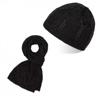 Czapki damskie - Czarny zestaw zimowy damski czapka i szalik wełniane - grafika 1