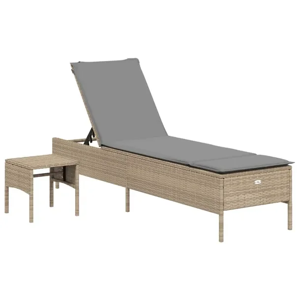 Leżak ogrodowy rattanowy beżowy 198x55x39/50/62/75/88/97 cm + stolik bocz