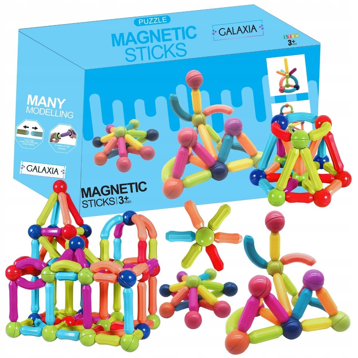KLOCKI MAGNETYCZNE KONSTRUKCYJNE EDUKACYJNE PAŁECZKI MAGNETYCZNE XXL 130szt