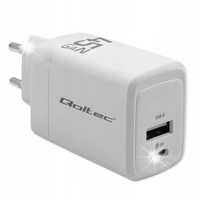 Ładowarka sieciowa Qoltec 45W GaN 5-20V 1,5-3A 1xUSB-C PD 1xUSB QC 3.0