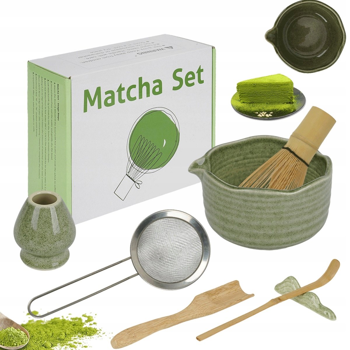 7 elementów Zestaw do matcha ceramiczny z bambusową trzepaczką zielony