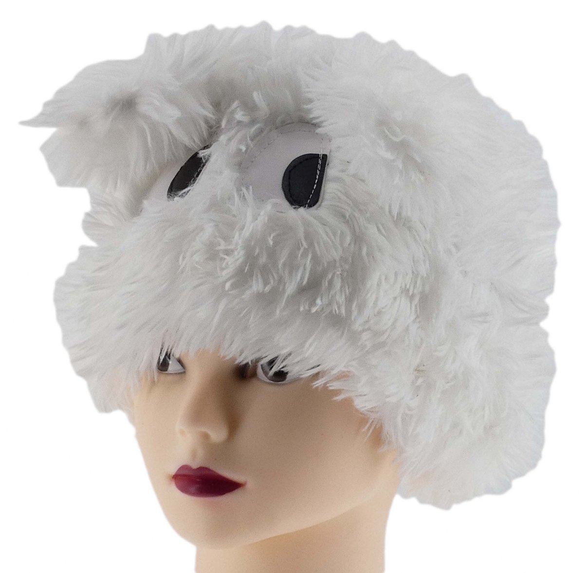 Ciepła Zimowa Czapka Kobieca Z Futerkiem Eco Biała Mordka Duże Oczy