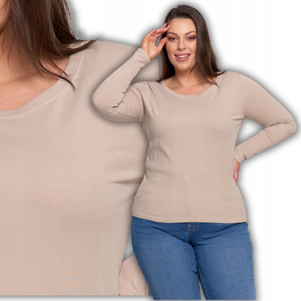Bluzka Damska Z Długim Rękawem Bawełniana Gładka Miękka Klasyczna Moraj S Beige