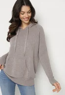 Swetry damskie - Ciemnobrązowy Sweter z Kapturem i Kieszenią z Domieszką Kaszmiru Neriele - miniaturka - grafika 1