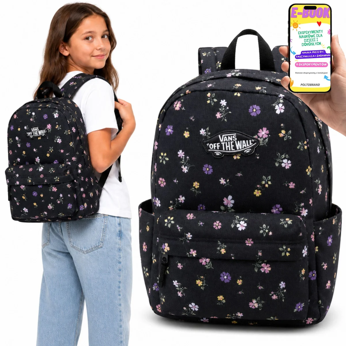 PLECAK SZKOLNY VANS Old Skool Grom dla DZIEWCZYNY Czarny w Kwiaty A4 18L + E-BOOK
