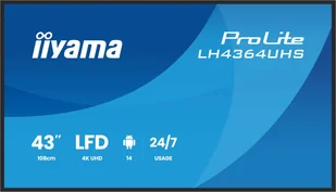 iiyama LH4364UHS-B1AG signage display Płaski panel Digital Signage 109,2 cm (43") LED Wi-Fi 500 cd/m² 4K Ultra HD Czarny Android 24/7 - Monitory reklamowe i wyświetlacze - miniaturka - grafika 1