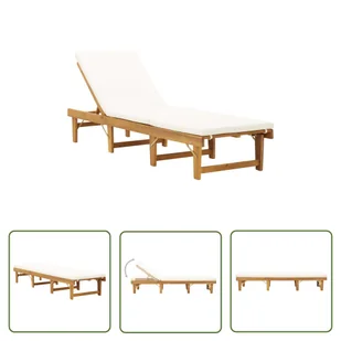 The Living Store Składany leżak z poduszką - lite drewno akacjowe - Leżak - Leżaki ogrodowe - miniaturka - grafika 1