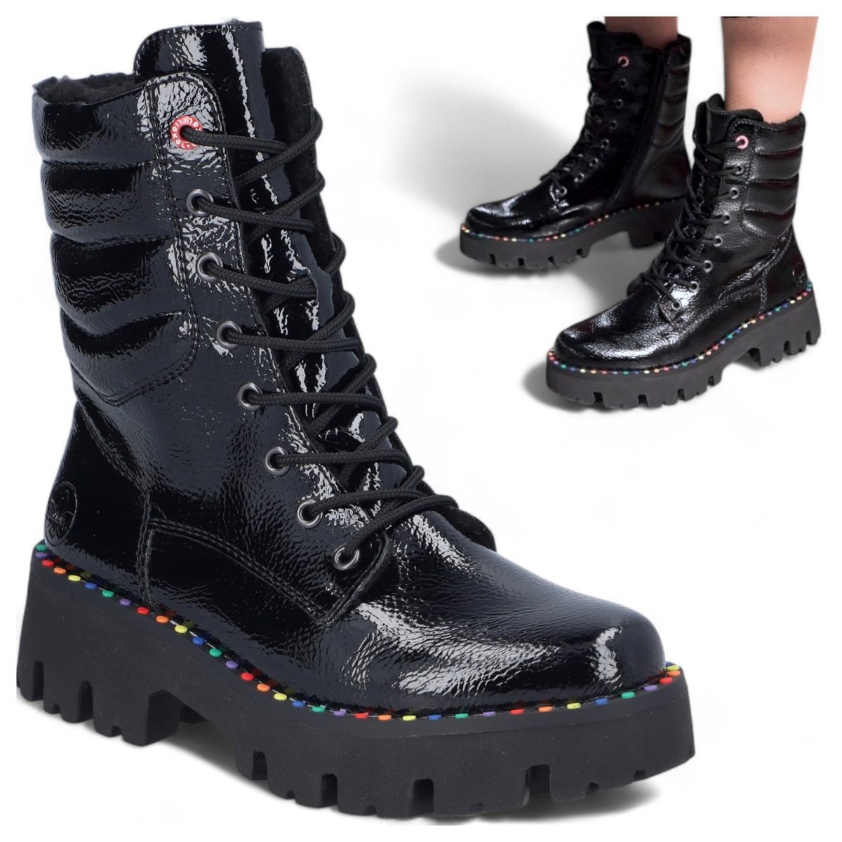 Rieker Botki Damskie Zimowe Wygodne Workery Lakierowane Wysokie Czarne 38