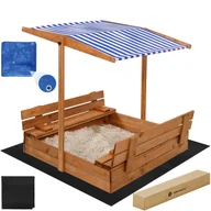 Place zabaw - Piaskownica drewniana 120x120 cm zamykana z ławkami i daszkiem w biało-niebieskie pasy - miniaturka - grafika 1